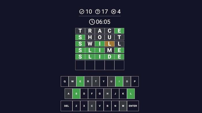 Mordle's interface resembles Wordle, but with a scoreboard at the top: checkmarks 10, question marks 17, and X's 4. The timer shows 6:05 remaining.