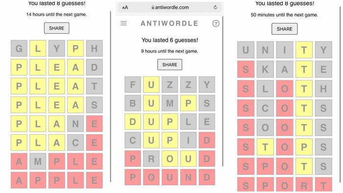 Here are some Antiwordle game screenshots: losses in 8, 6, and 8 attempts.