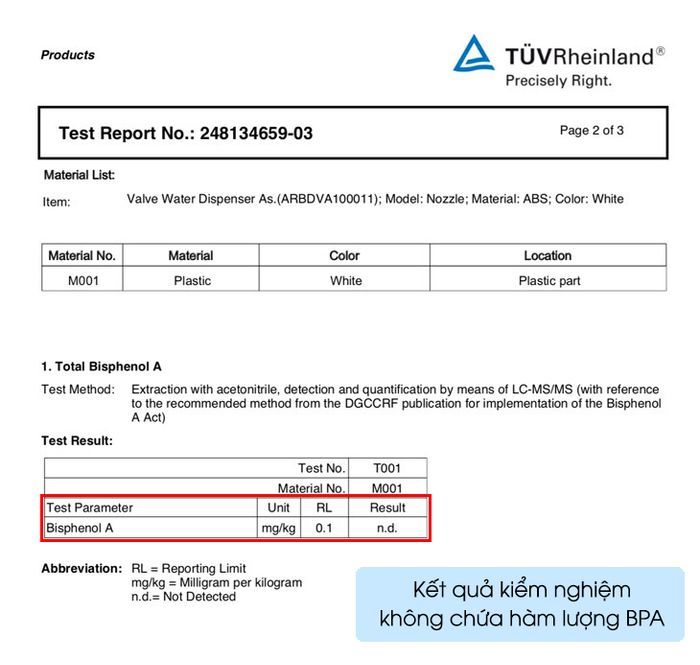 Kết quả kiểm nghiệm không chứa BPA