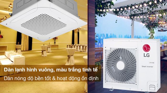 Máy lạnh âm trần LG Inverter 5 HP ZTNQ48LMLA0 (3 Pha) - Dàn lạnh hình vuông, gam màu trắng tinh tế cùng với dàn nóng hoạt động ổn định, độ bền tốt