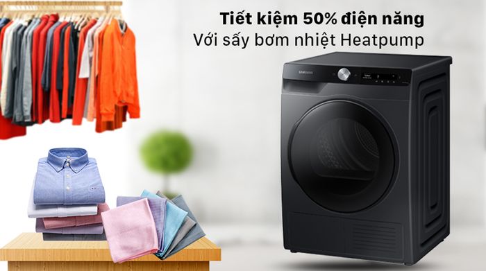 Máy sấy Samsung Inverter 9 kg DV90T7240BB/SV - Tiết kiệm 50% điện năng, sấy khô từng sợi vải với sấy bơm nhiệt Heatpump