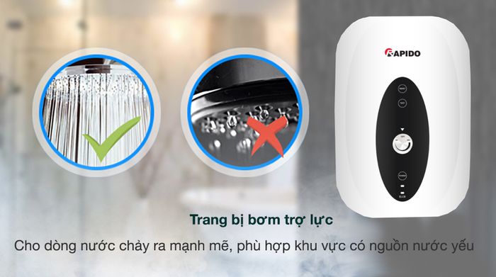 Máy nước nóng trực tiếp Rapido 4500W SONNE - SP4.5 - Trang bị bơm trợ lực giúp tăng dòng nước chảy ra, phù hợp cho khu vực có nguồn nước chảy yếu