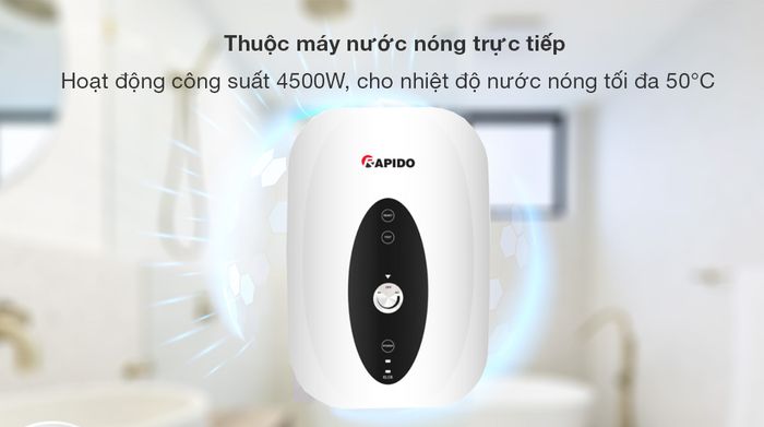 Máy nước nóng trực tiếp Rapido 4500W SONNE - SP4.5 - Thuộc dòng máy nước nóng trực tiếp, có công suất hoạt động 4500W cho khả năng làm nóng nước tối đa 50 độ C
