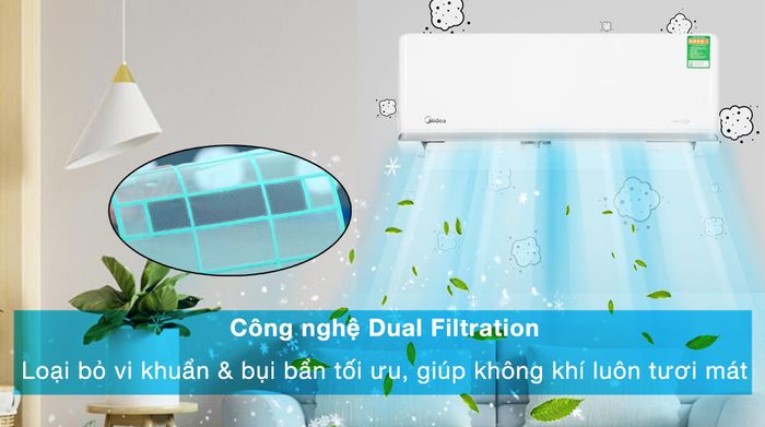 Máy lạnh Midea Inverter 1.5 HP MSAGA-13CRDN8 - Công nghệ Dual Filtration loại bỏ bụi bẩn và vi khuẩn tối ưu, mang lại bầu không khí sạch khuẩn cho căn phòng