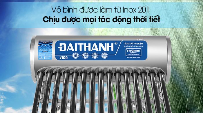 Vỏ bình làm từ Inox 201 - Máy nước nóng năng lượng mặt trời Đại Thành 160 lít Vigo 58-15