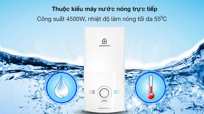 Máy nước nóng trực tiếp Ariston 4500W AURES PREMIUM 4.5 - Công suất 4500W, nhiệt độ làm nước tối đa 55 độ C