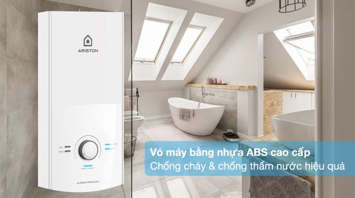 Máy nước nóng trực tiếp Ariston 4500W AURES PREMIUM 4.5 - Thiết kế hình hộp chữ nhật, nhỏ gọn với lớp vỏ cách nhiệt, chống cháy và chống thấm nước tốt