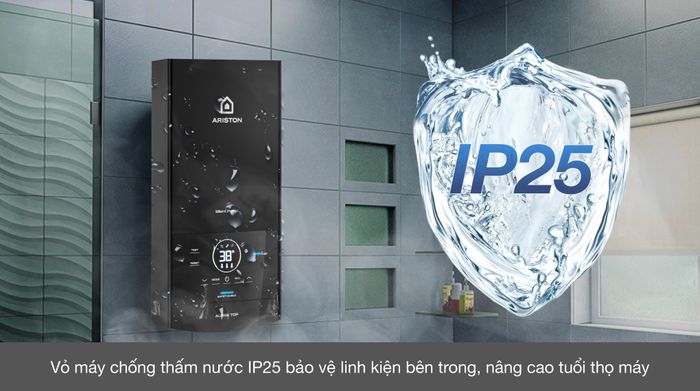 Máy nước nóng trực tiếp Ariston 4500W AURES TOP 4.5P - Chuẩn chống thấm IP25 bảo vêj an toàn linh kiện bên trong.