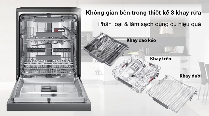 Máy rửa chén độc lập Samsung DW60CG550FSGSV - Không gian bên trong gồm có 3 khay rửa giúp rửa dụng cụ hiệu quả