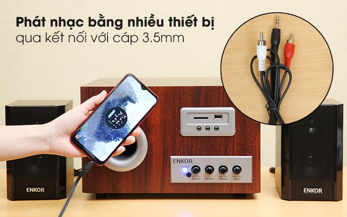 Phát nhạc bằng nhiều thiết bị qua kết nối với 3.5mm - Loa vi tính 2.1 Enkor S2850 Nâu