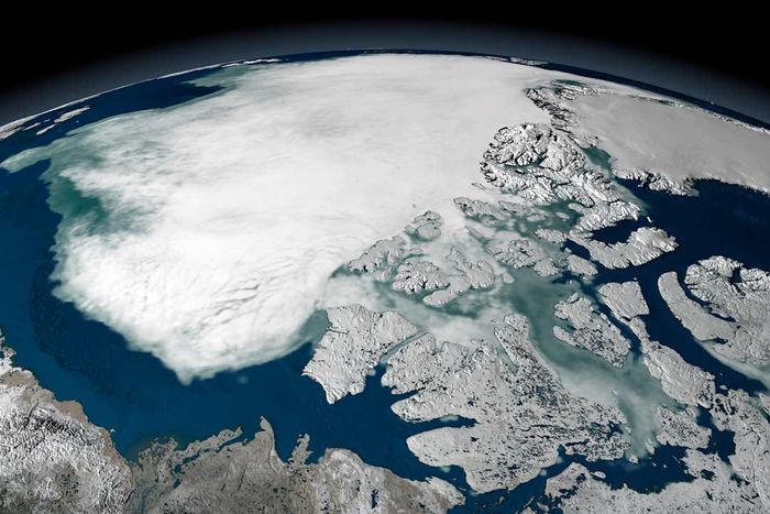A satellite captures the Beaufort Sea, north of Canada's Ellesmere Island, blanketed in sea ice.
