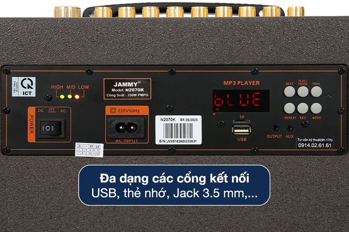 Loa karaoke xách tay Jammy N2070K 350W - Trang bị nhiều cổng kết nối khác tiện lợi cho việc sử dụng