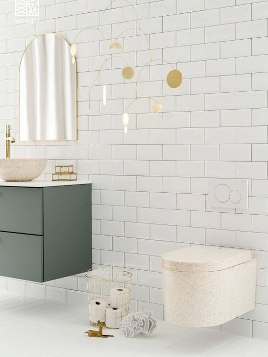 A modern bathroom featuring Woodio's wooden toilet.