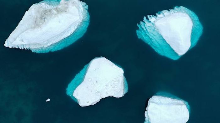 A breathtaking aerial perspective of Greenland's icebergs.