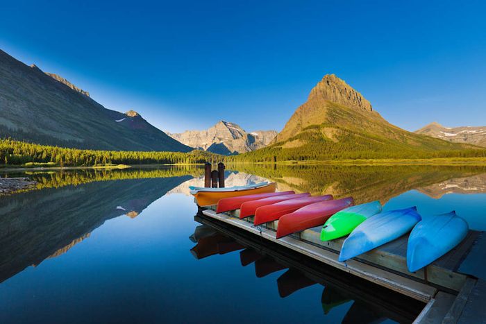 Canoes on Swiftcurrent Lake in Glacier National Park