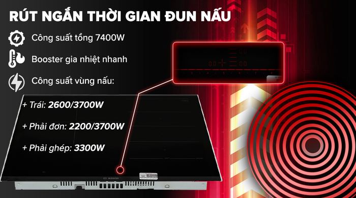 Bếp từ 3 vùng nấu lắp âm Bosch PXJ675DC1E - Công suất, kích thước vùng nấu