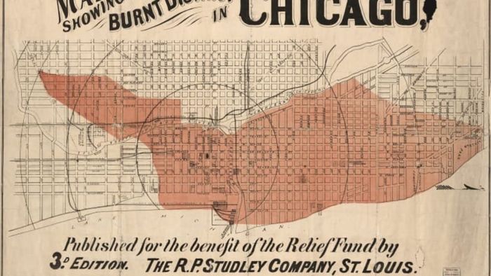 A map illustrating the areas of Chicago damaged by the Great Fire of 1871.