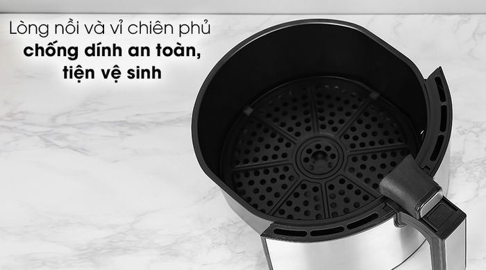 Nồi chiên không dầu Mishio MK-220 5 lít - Lòng nồi và vỉ chiên làm từ thép sơn tĩnh điện chống dính