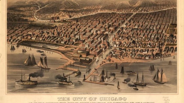 An illustration depicting Chicago’s appearance before the Great Fire of 1871.