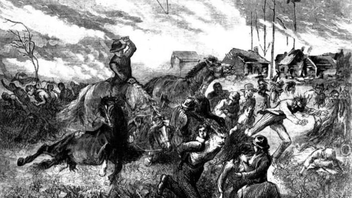 An 1871 illustration from Harper's Weekly depicts residents of Peshtigo fleeing to the Peshtigo River for safety.