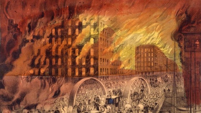 A lithograph by Currier & Ives shows people escaping across the Randolph Street Bridge during the Great Chicago Fire of 1871.