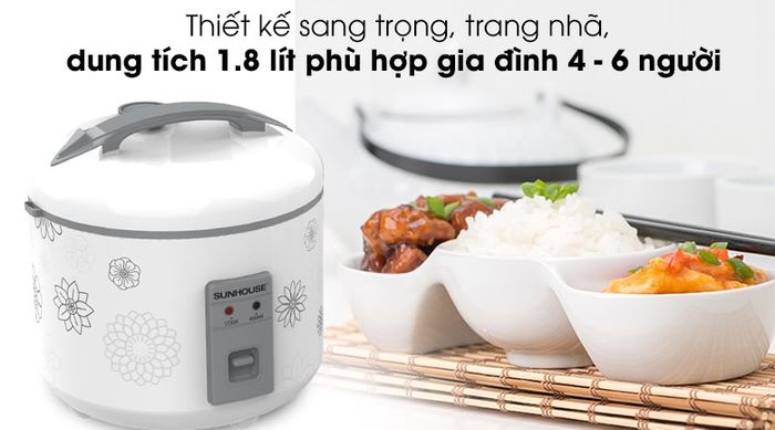 Nồi cơm nắp gài Sunhouse 1.8 lít SHD8603 - Thiết kế sang trọng, trang nhã với 2 màu xám – trắng hiện đại