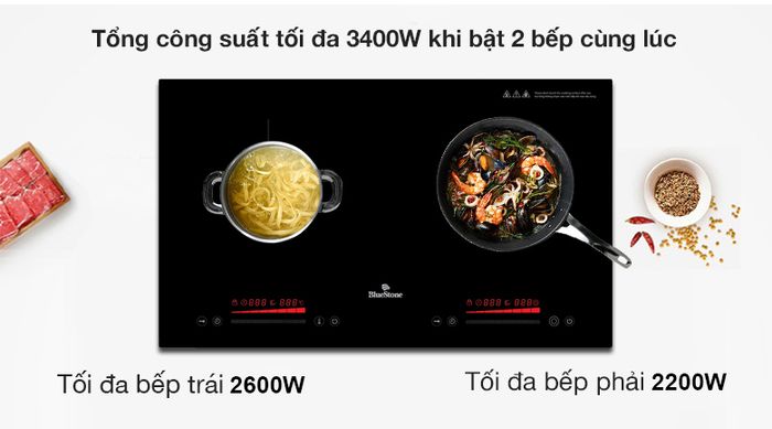 Tổng công suất 3400W khi bật 2 bếp cùng lúc