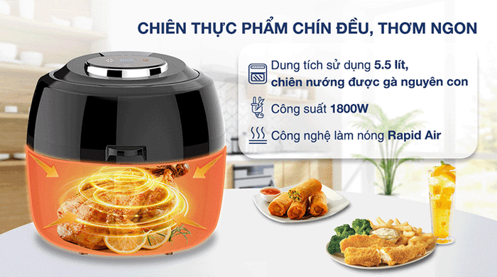 Nồi chiên không dầu Kangaroo KG65AF 5.5 lít - Dung tích, công suất, công nghệ