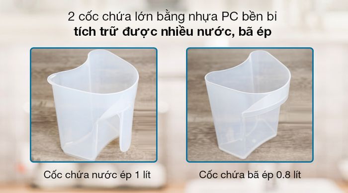 Máy ép chậm Kangaroo KG150SJ - Cốc chứa máy ép chậm được làm từ chất liệu nhựa PC cao cấp, dày bền, an toàn cho sức khỏe, dễ chùi rửa