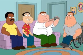 Characters from the animated series 'Family Guy' are seen sitting on a couch in a living room.