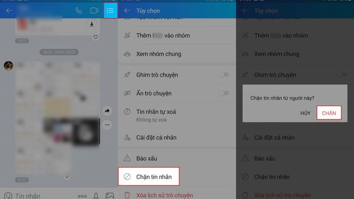 Cách chặn Zalo mà người khác không biết là Chặn tin nhắn - bước 1,2