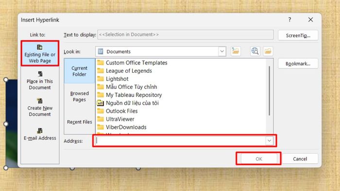 Hình ảnh minh họa bước 3 tạo liên kết đến trang web trong PowerPoint