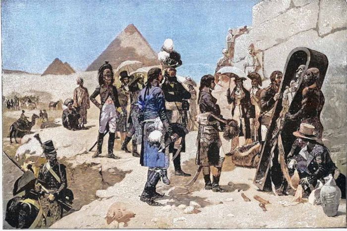 A whimsical vintage depiction of Napoleon receiving a mummy during his Egyptian Campaign in the 1790s.