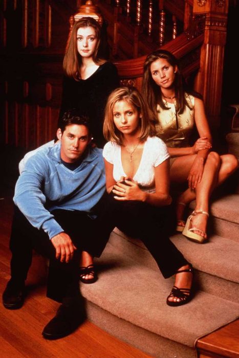 Clockwise from top left: Alyson Hannigan as Willow Rosenberg, Charisma Carpenter as Cordelia Chase,