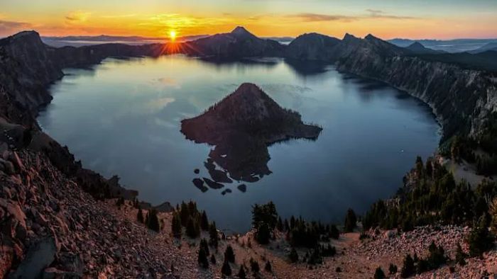 Here lies the stunning Wizard Island within Crater Lake National Park.