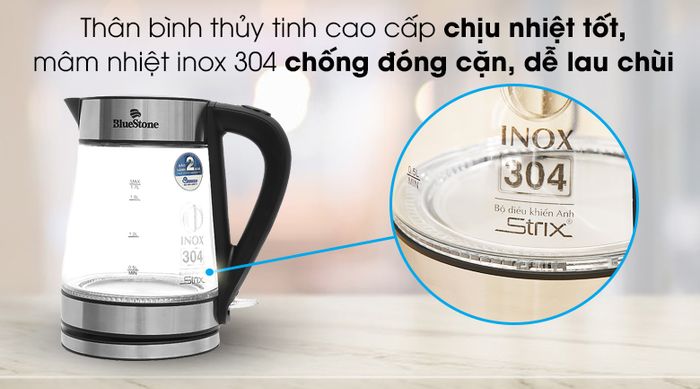 Bình đun siêu tốc Bluestone 1.7 lít KTB-3426 - Thân bình bằng chất liệu thủy tinh cao cấp