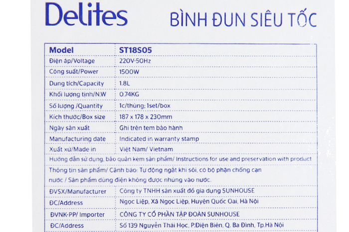 Công suất - Bình đun siêu tốc Delites 1.8 lít ST18S05