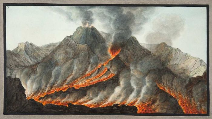 A view from inside the crater of Mount Vesuvius, captured at its base in the year 1756.