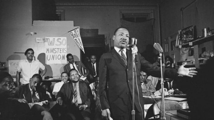 Dr. Martin Luther King Jr. speaks at a gathering in Chicago, Illinois, in May 1966.