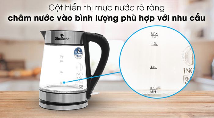 Bình đun siêu tốc Bluestone 1.7 lít KTB-3426 - Cột hiển thị mực nước in rõ các vạch mức trên thân bình