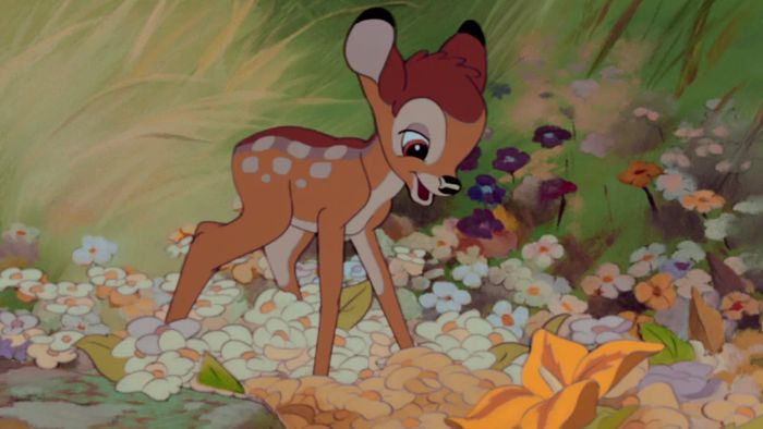 Screenshot from *Bambi* showing Bambi among a field of flowers