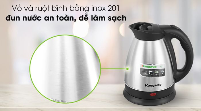 Bình đun siêu tốc Kangaroo 1.5 lít KG15SK3 - Bình 1 lớp nên chất liệu ruột cũng là vỏ bình bằng inox 201