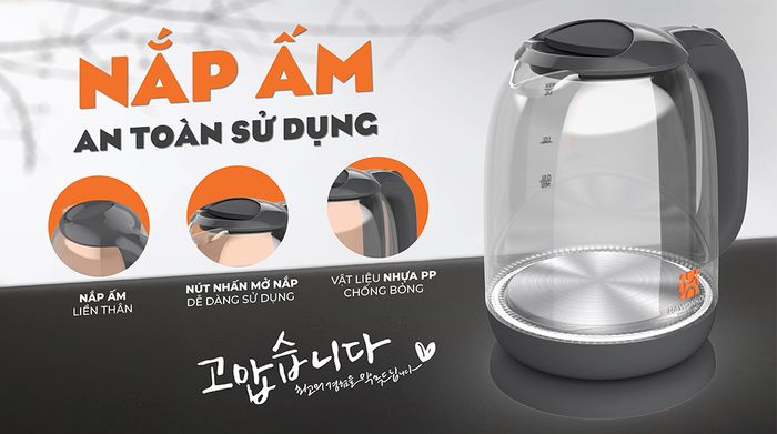 Bình đun siêu tốc Hawonkoo 1.7 lít KEH-170-GR - Nắp ấm