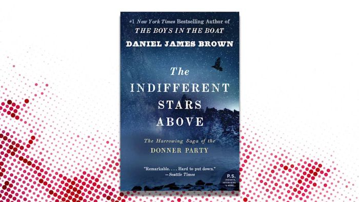 A red and white background featuring the cover of Daniel James Brown’s ‘The Indifferent Stars Above.’
