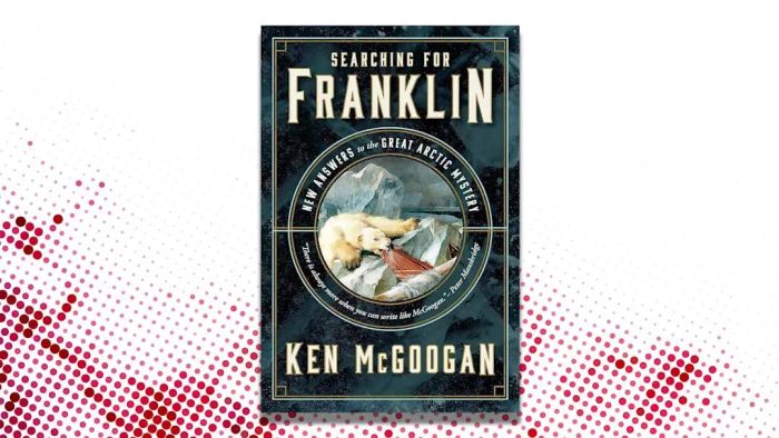 A red and white background showcasing the cover of Ken McGoogan’s ‘Searching for Franklin.’
