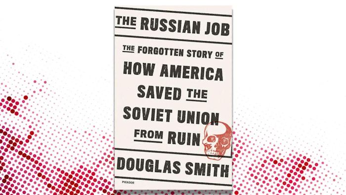 A red and white background featuring the cover of Douglas Smith’s ‘The Russian Job.’