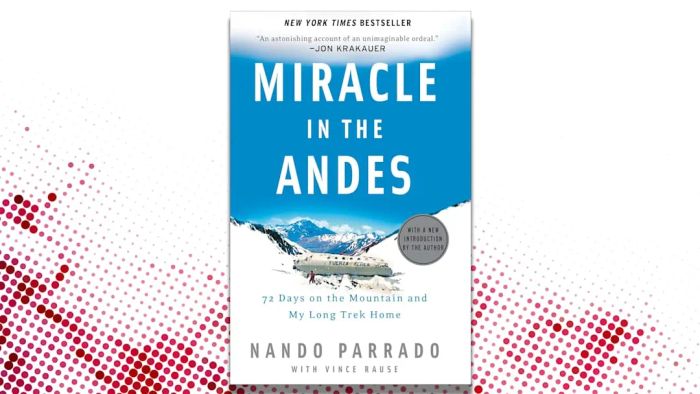A red and white background displaying the cover of Nando Parrado and Vince Rause’s ‘Miracle in the Andes.’