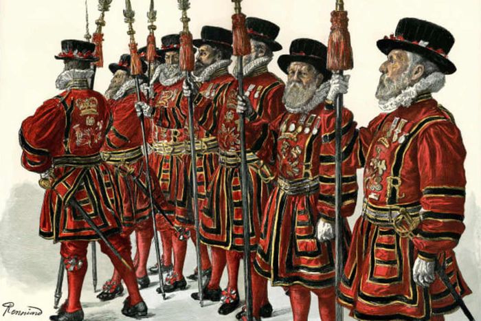 A 19th-century depiction of the vividly dressed Yeomen Warders at the Tower of London.