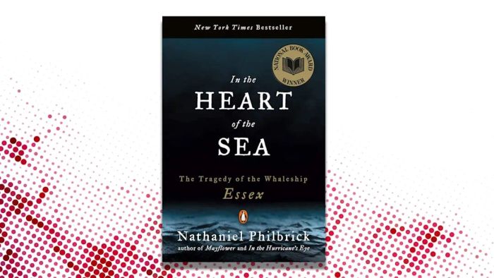 A red and white background featuring the cover of Nathaniel Philbrick’s ‘In the Heart of the Sea.’