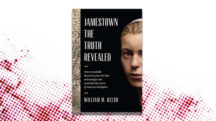 A red and white background showcasing the cover of William M. Kelso’s ‘Jamestown: The Truth Revealed.’